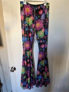 Club Exx Neon Mesh Floral Lace Up Bell Bottom Rave Pants XS